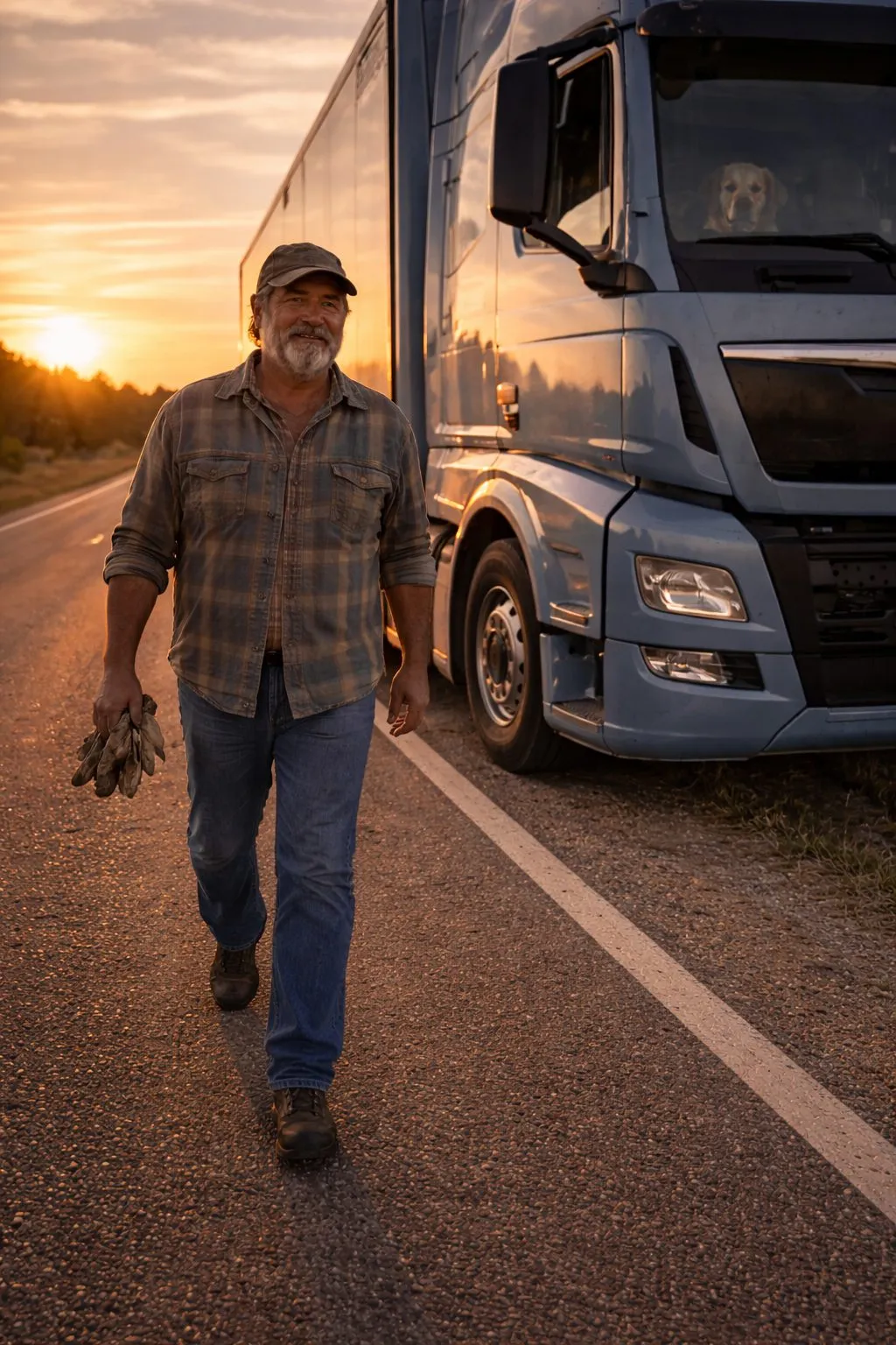 Chauffør foran lastbil