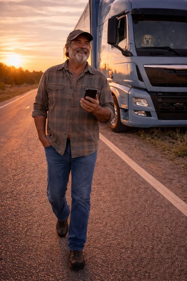 Kuljettaja puhelimen kanssa kuorma-auton luona auringonlaskussa