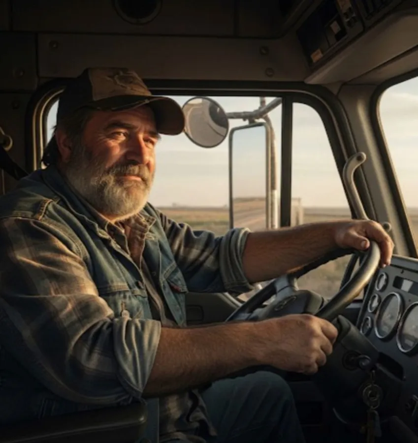 Kuljettaja rekan ohjaamossa tabletilla