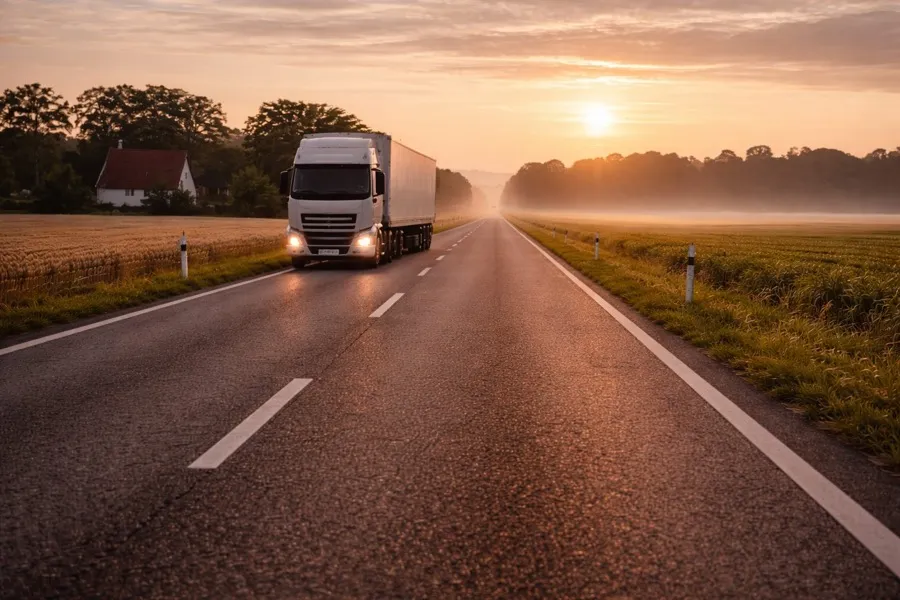 Kuorma-auto auringonlaskua kohti